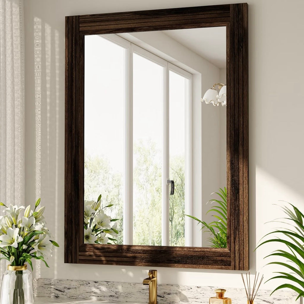 Carved Dark Wood Framed Wall Mirror – 30” × 40”
