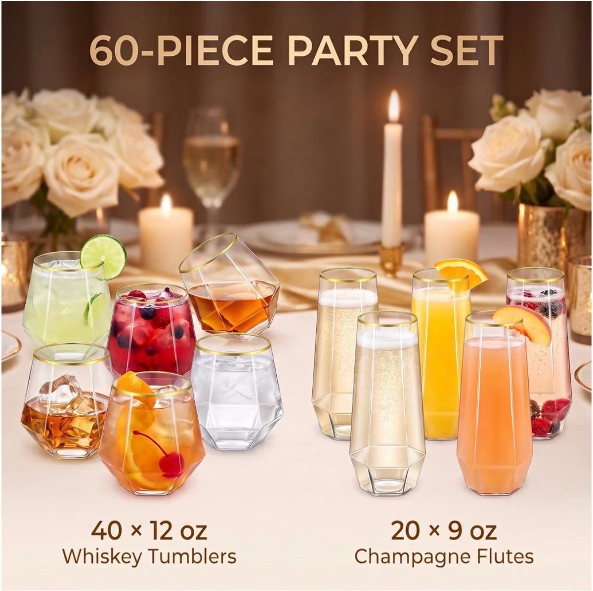 60-Piece Gold-Rim Party Drinkware Set – Tumblers & Champagne Flutes