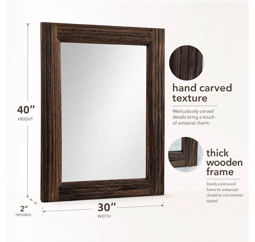 Carved Dark Wood Framed Wall Mirror – 30” × 40”