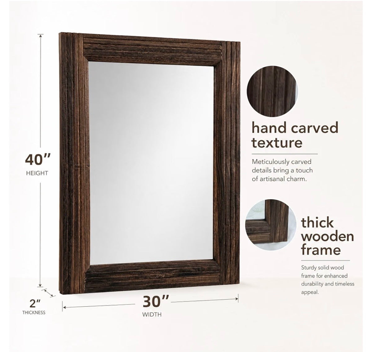 Carved Dark Wood Framed Wall Mirror – 30” × 40”