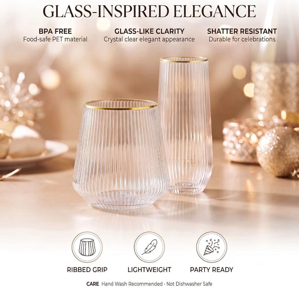 56-Piece Gold-Rim Ribbed Party Drinkware Set – Tumblers & Champagne Cups