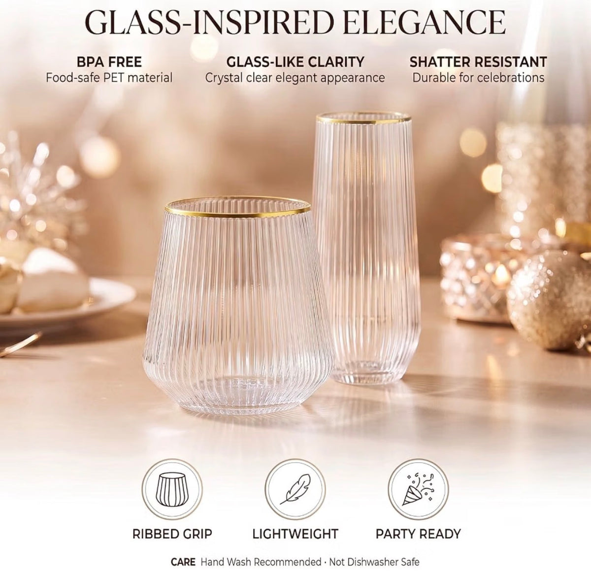 56-Piece Gold-Rim Ribbed Party Drinkware Set – Tumblers & Champagne Cups