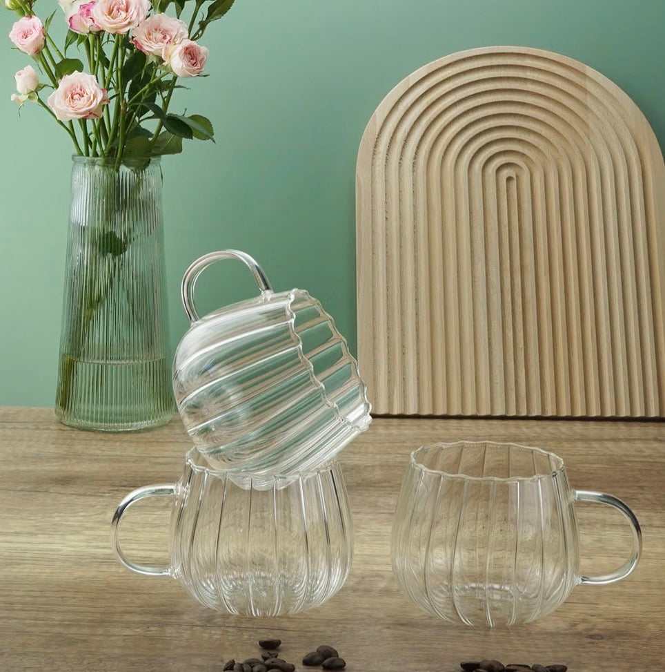 12 oz Pumpkin-Shaped Ribbed Glass Mugs – Set of 4
