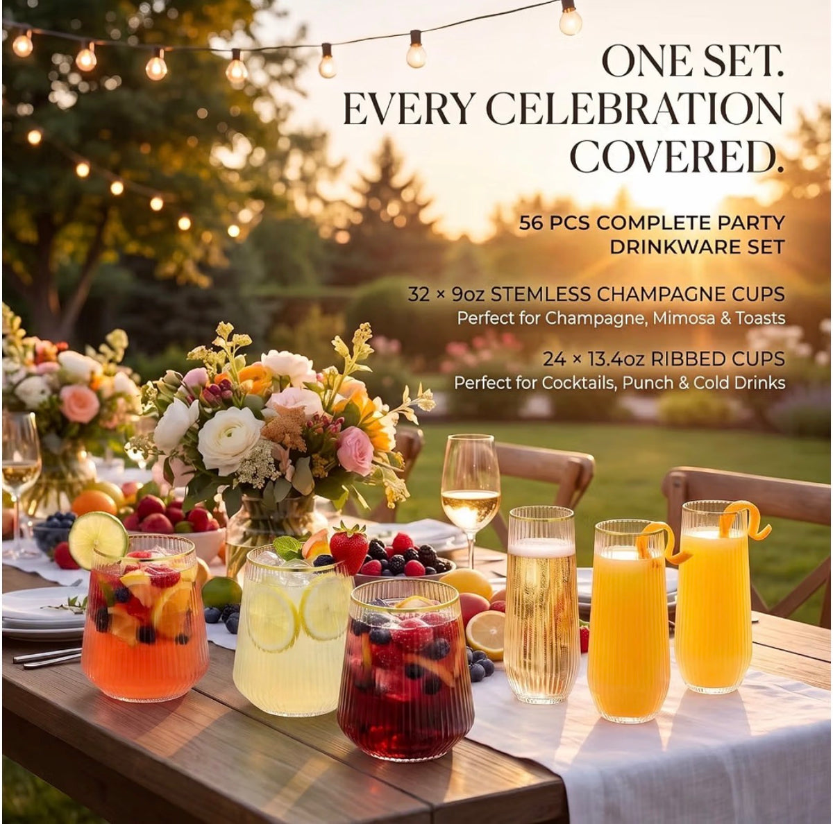 56-Piece Gold-Rim Ribbed Party Drinkware Set – Tumblers & Champagne Cups