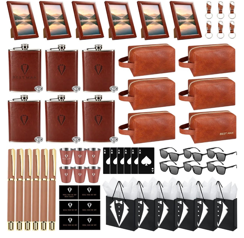 66-Piece Groomsmen Gift Set for 6 – Flasks, Toiletry Bags, Frames & Accessories
