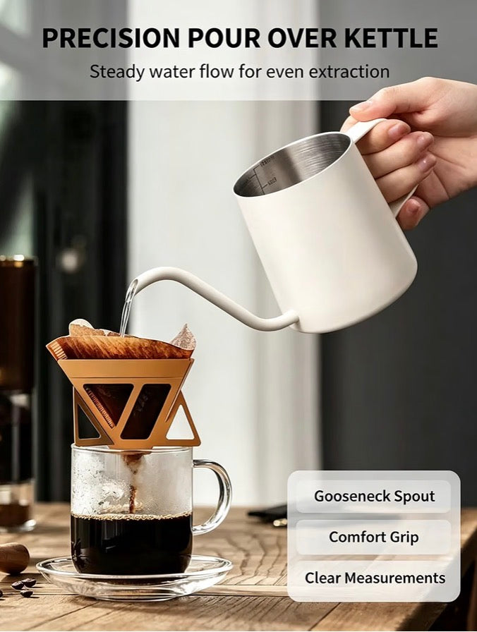 350ml Gooseneck Pour-Over Coffee Kettle – White & Bamboo