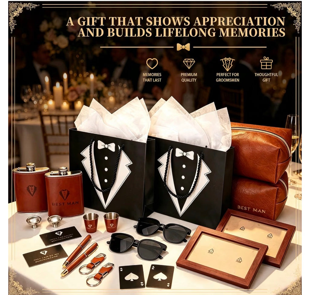 66-Piece Groomsmen Gift Set for 6 – Flasks, Toiletry Bags, Frames & Accessories