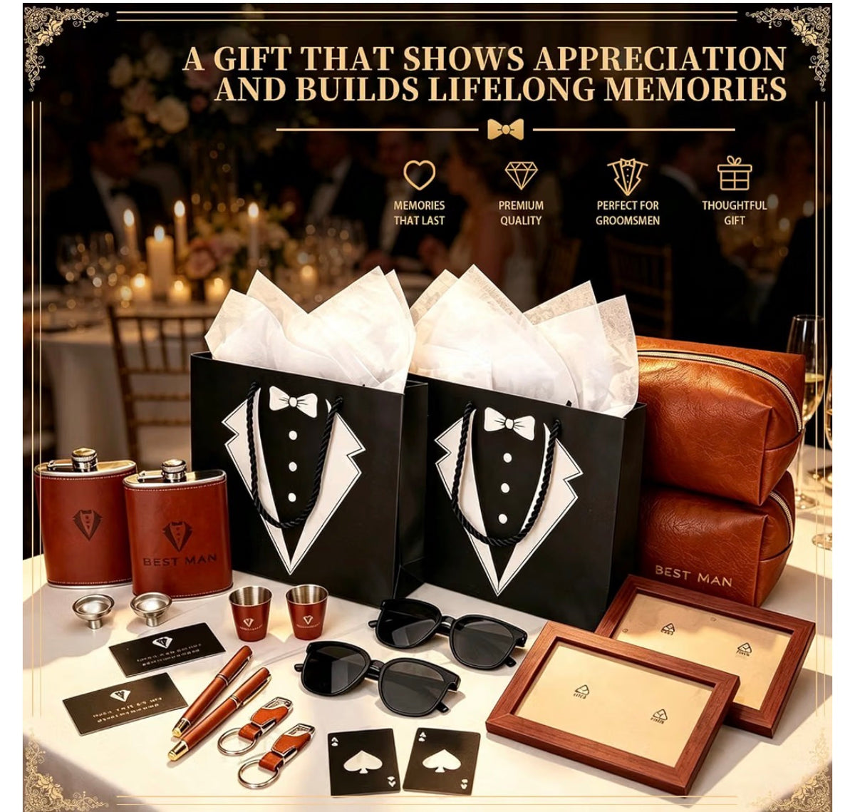 66-Piece Groomsmen Gift Set for 6 – Flasks, Toiletry Bags, Frames & Accessories