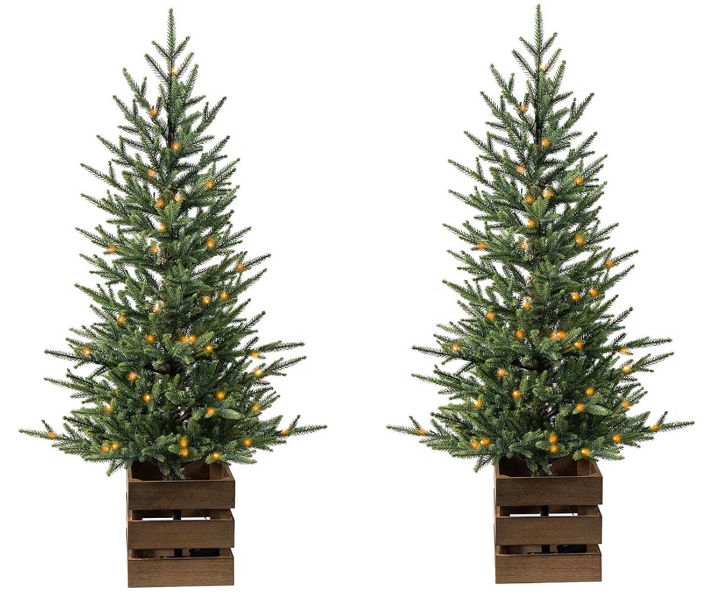 Set of 2 Pre-Lit 4 Ft Christmas Trees with Wooden Planter Boxes