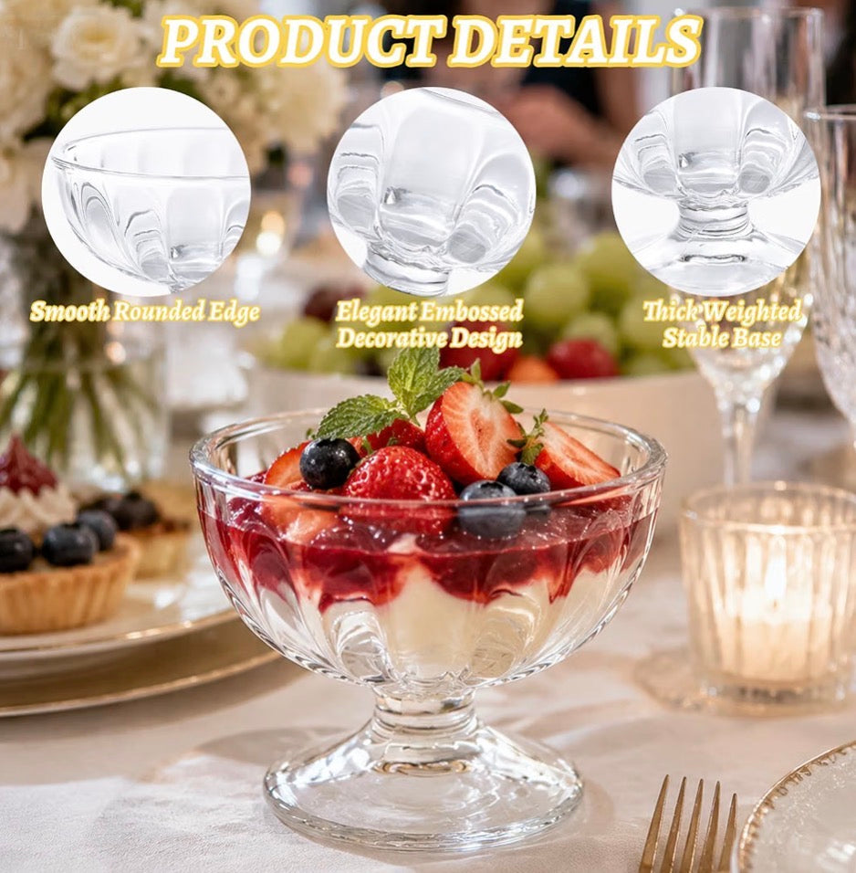 6 Piece Vintage Glass Dessert Bowls – 6 oz Footed Ice Cream & Parfait Cups