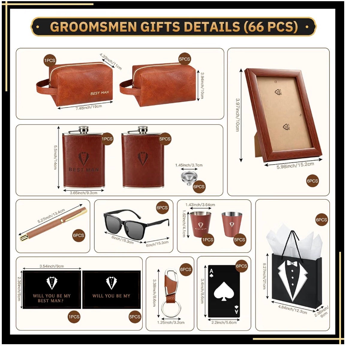 66-Piece Groomsmen Gift Set for 6 – Flasks, Toiletry Bags, Frames & Accessories