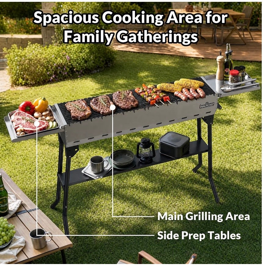 INNOCHEF Foldable Charcoal Grill with Side Prep Tables