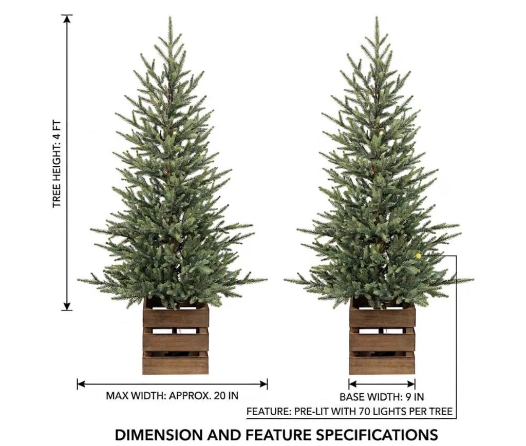 Set of 2 Pre-Lit 4 Ft Christmas Trees with Wooden Planter Boxes