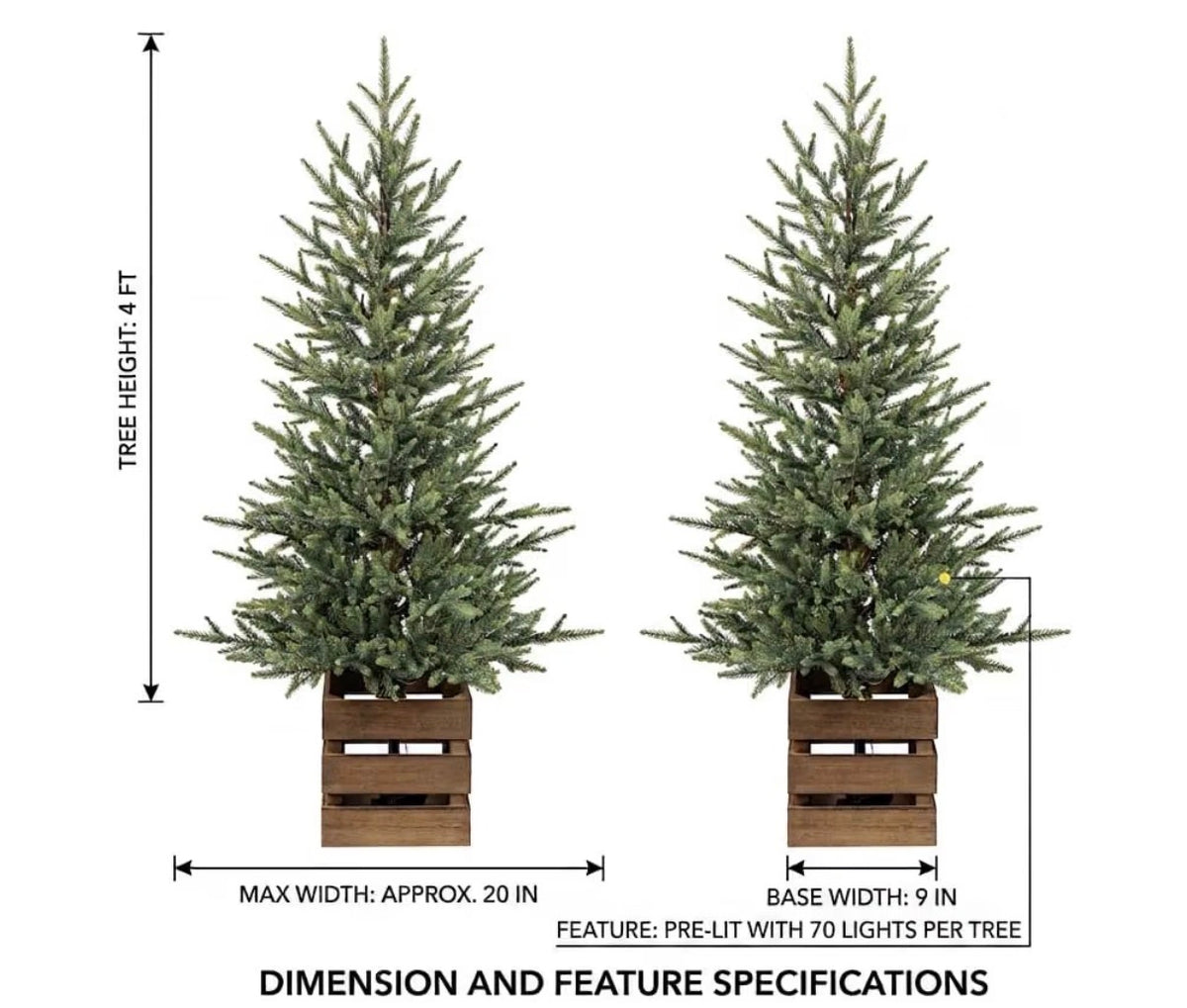 Set of 2 Pre-Lit 4 Ft Christmas Trees with Wooden Planter Boxes
