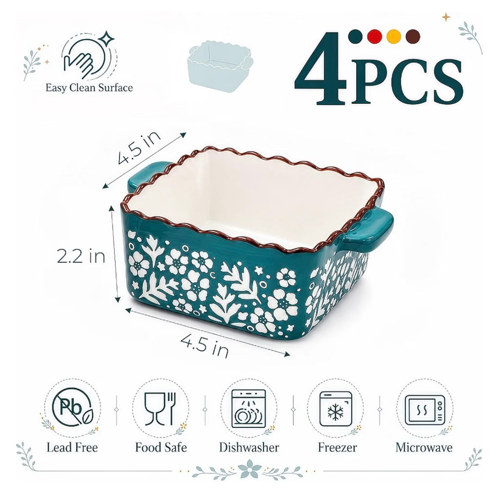4-Piece Colorful Ceramic Mini Baking Dish Set – Floral Square Ramekins