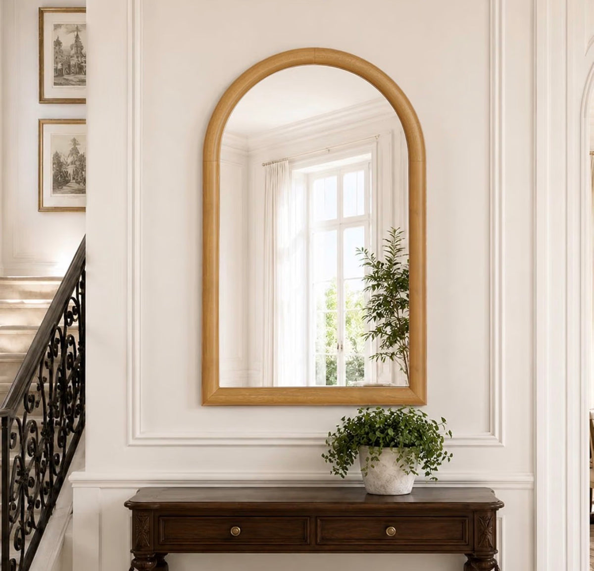 24” × 36” Solid Wood Arched Wall Mirror – Natural Wood