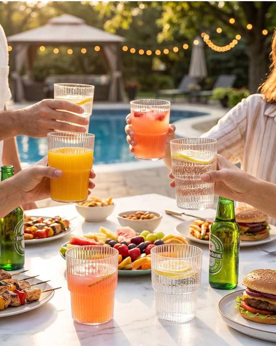 24-Piece Ribbed Stackable Plastic Drinking Cups – 18 oz