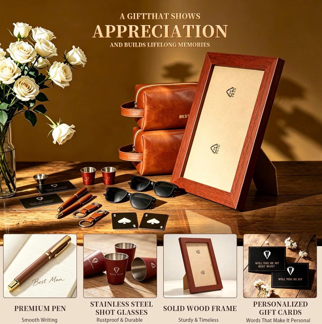 66-Piece Groomsmen Gift Set for 6 – Flasks, Toiletry Bags, Frames & Accessories
