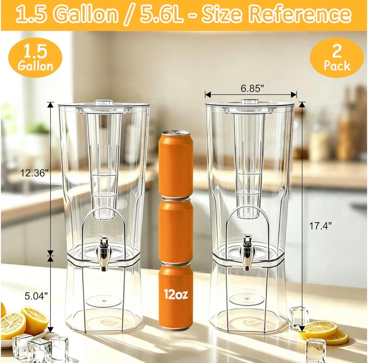 2-Pack 1.5 Gallon Drink Dispensers with Ice Chambers & Fruit Infusers