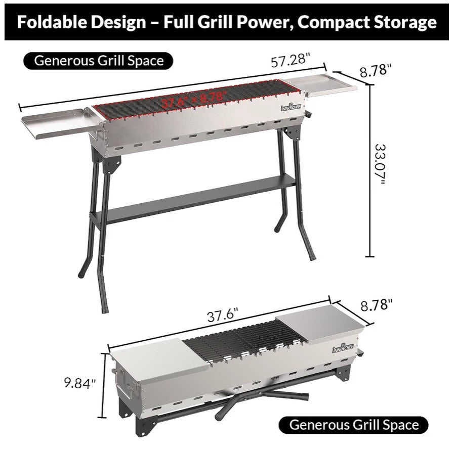 INNOCHEF Foldable Charcoal Grill with Side Prep Tables