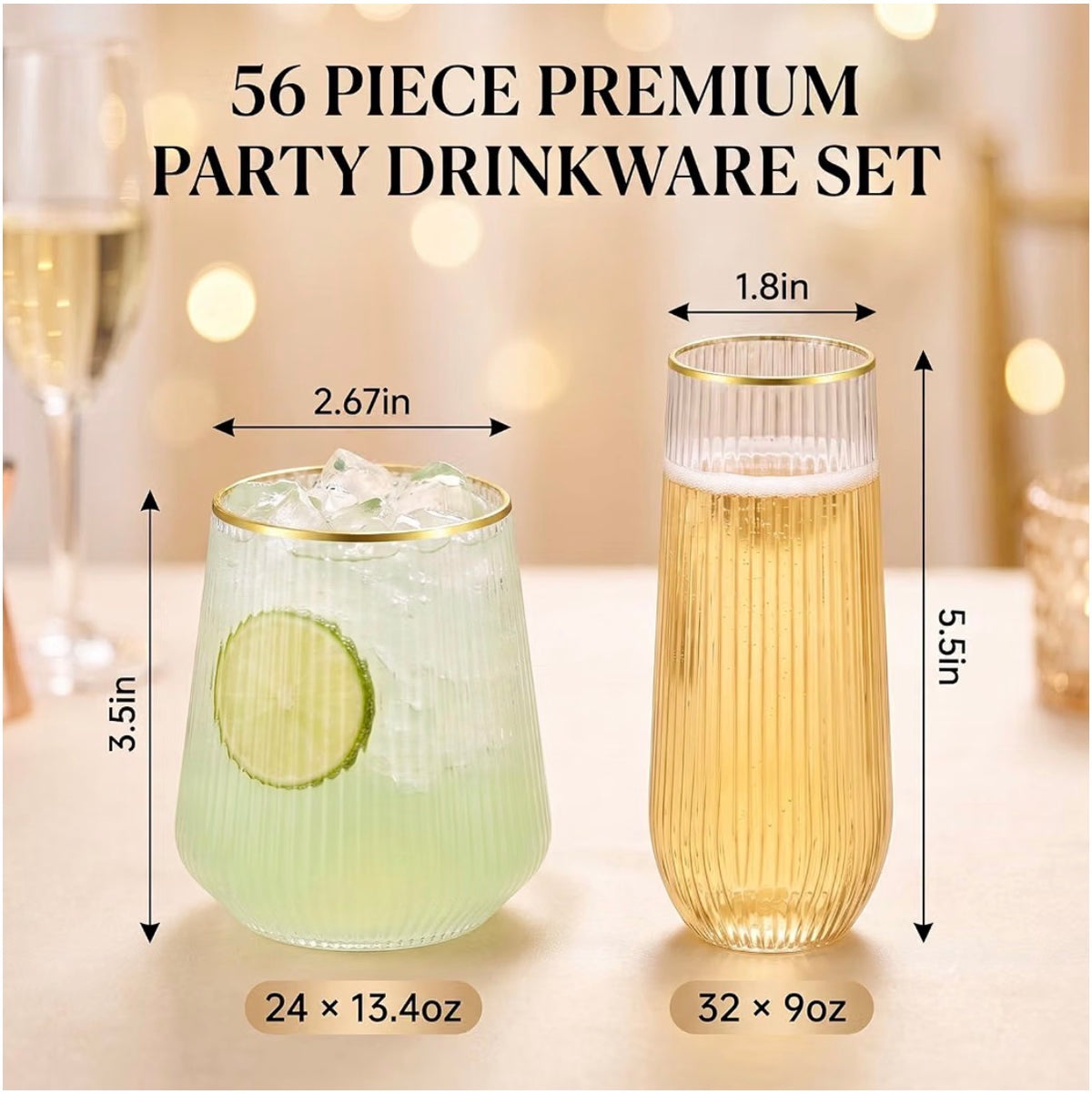 56-Piece Gold-Rim Ribbed Party Drinkware Set – Tumblers & Champagne Cups