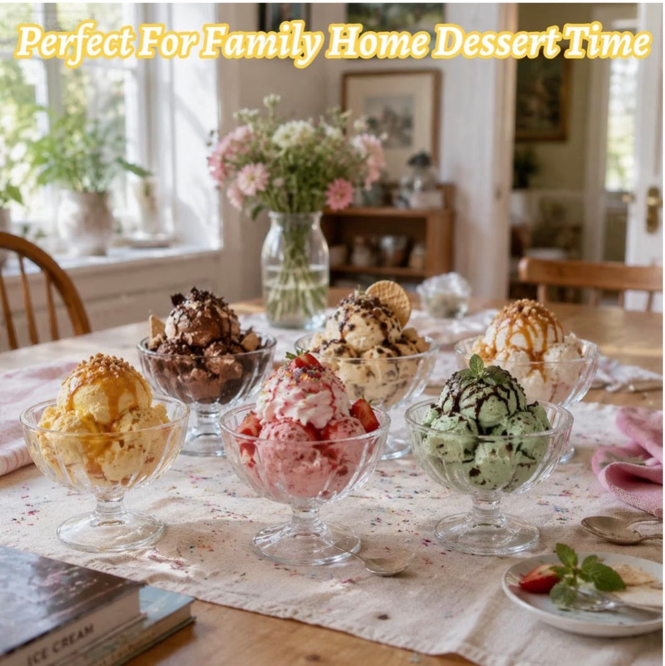 6 Piece Vintage Glass Dessert Bowls – 6 oz Footed Ice Cream & Parfait Cups