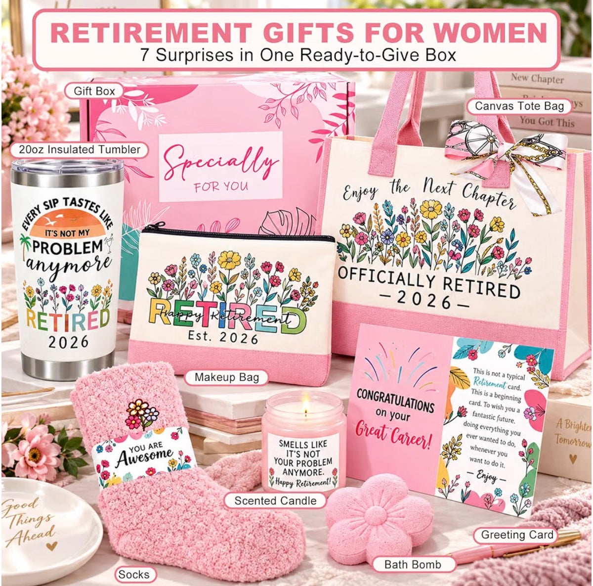 Happy Retirement Gift Set for Her 🌸 | 7-Piece Set