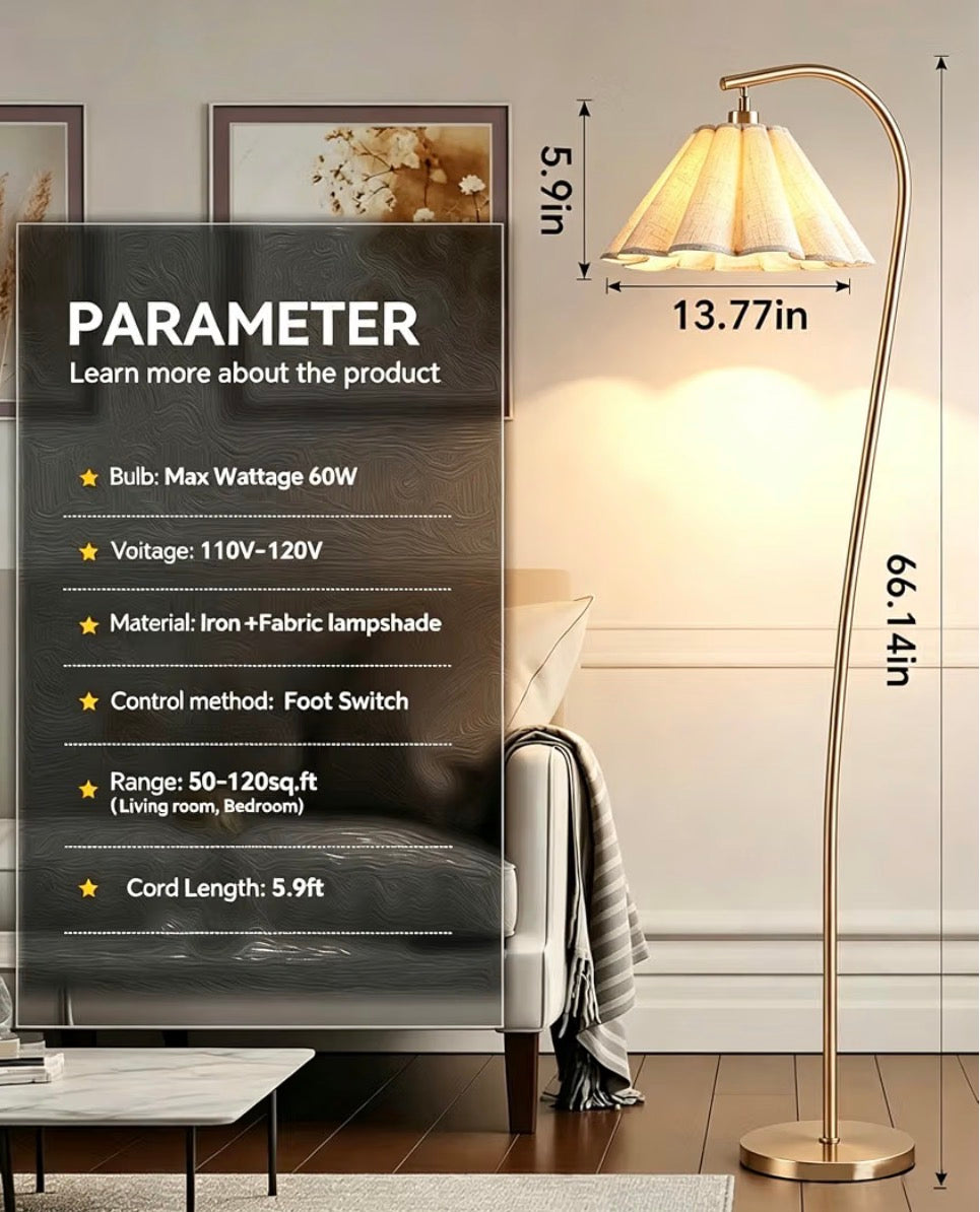 Gold Arc Floor Lamp with Adjustable Pleated Linen Shade + Bulb