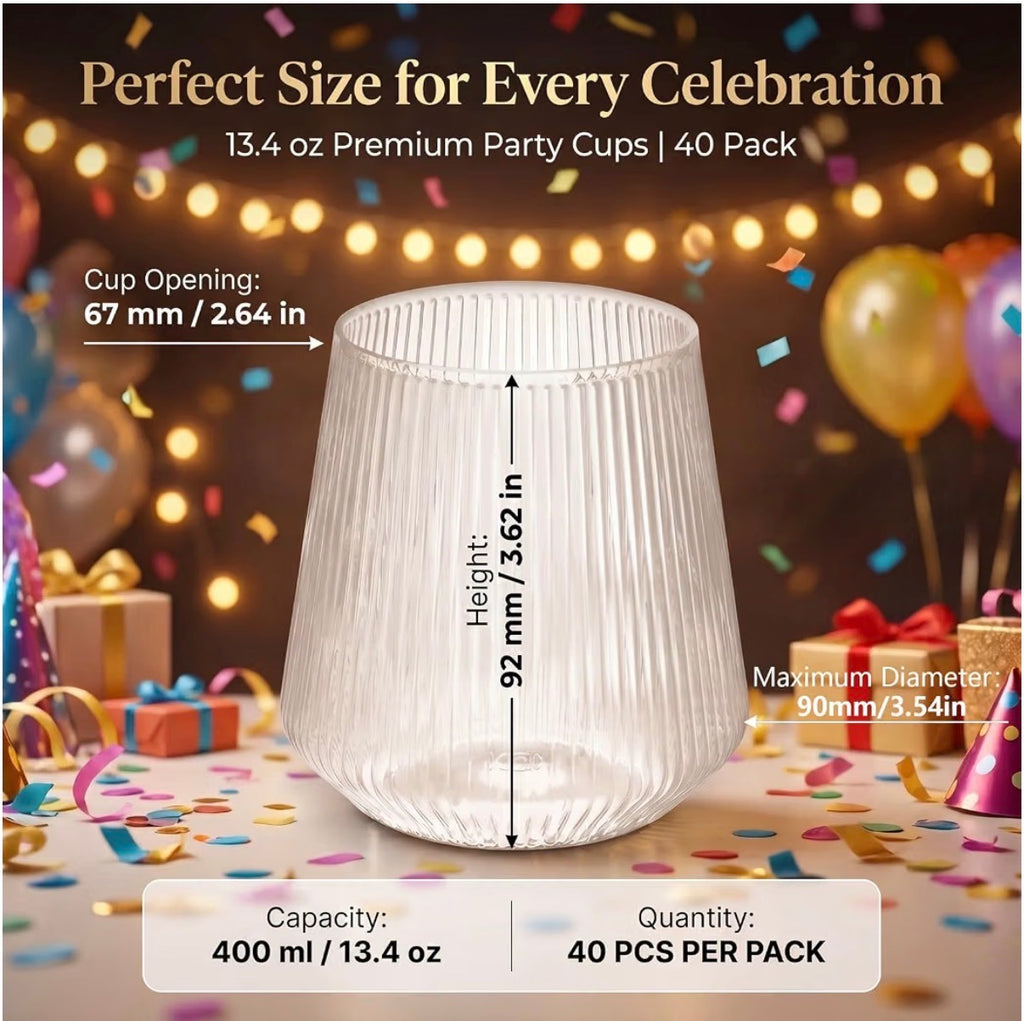 40-Pack Ribbed Plastic Party Tumblers – 13.4 oz