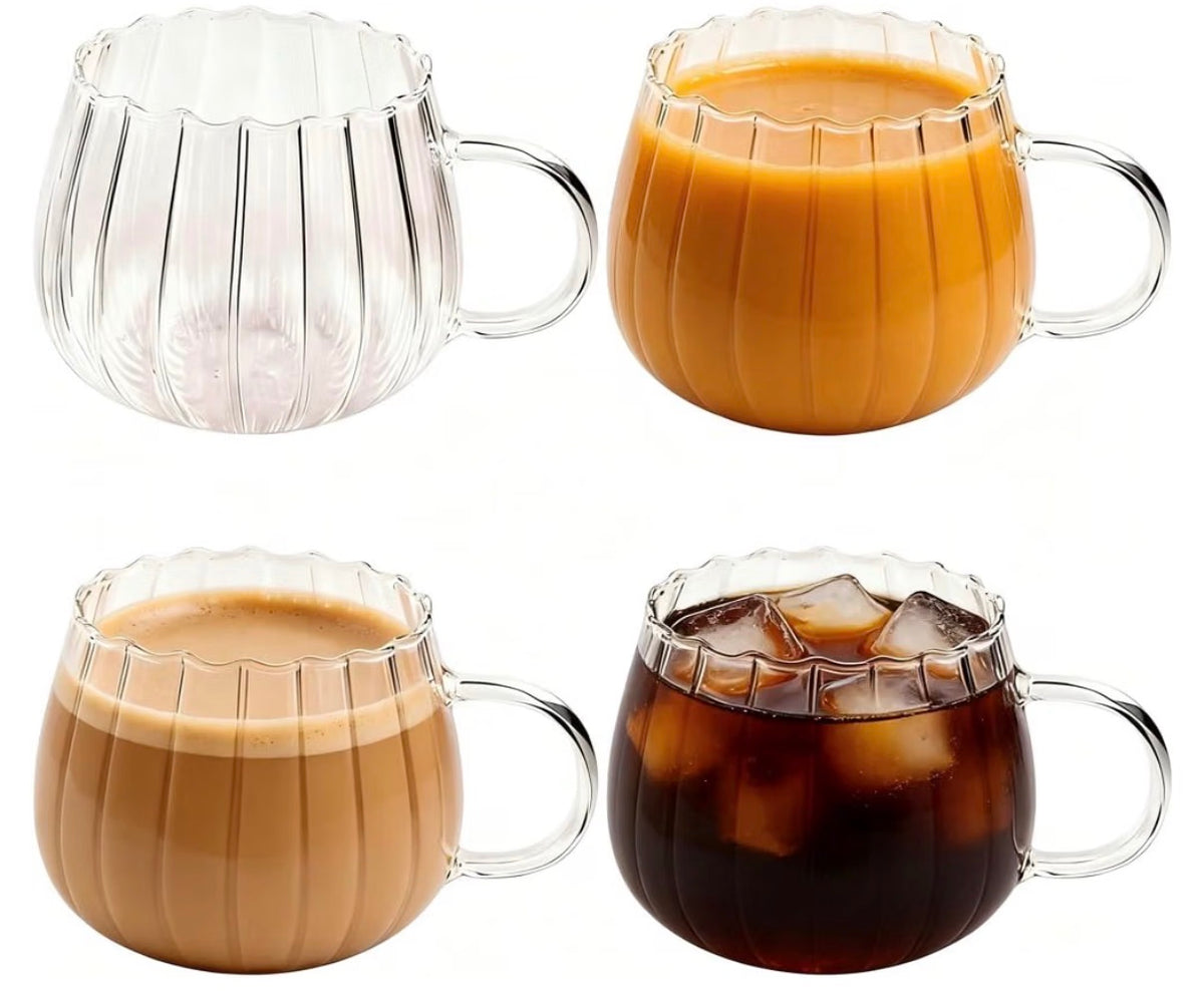 12 oz Pumpkin-Shaped Ribbed Glass Mugs – Set of 4
