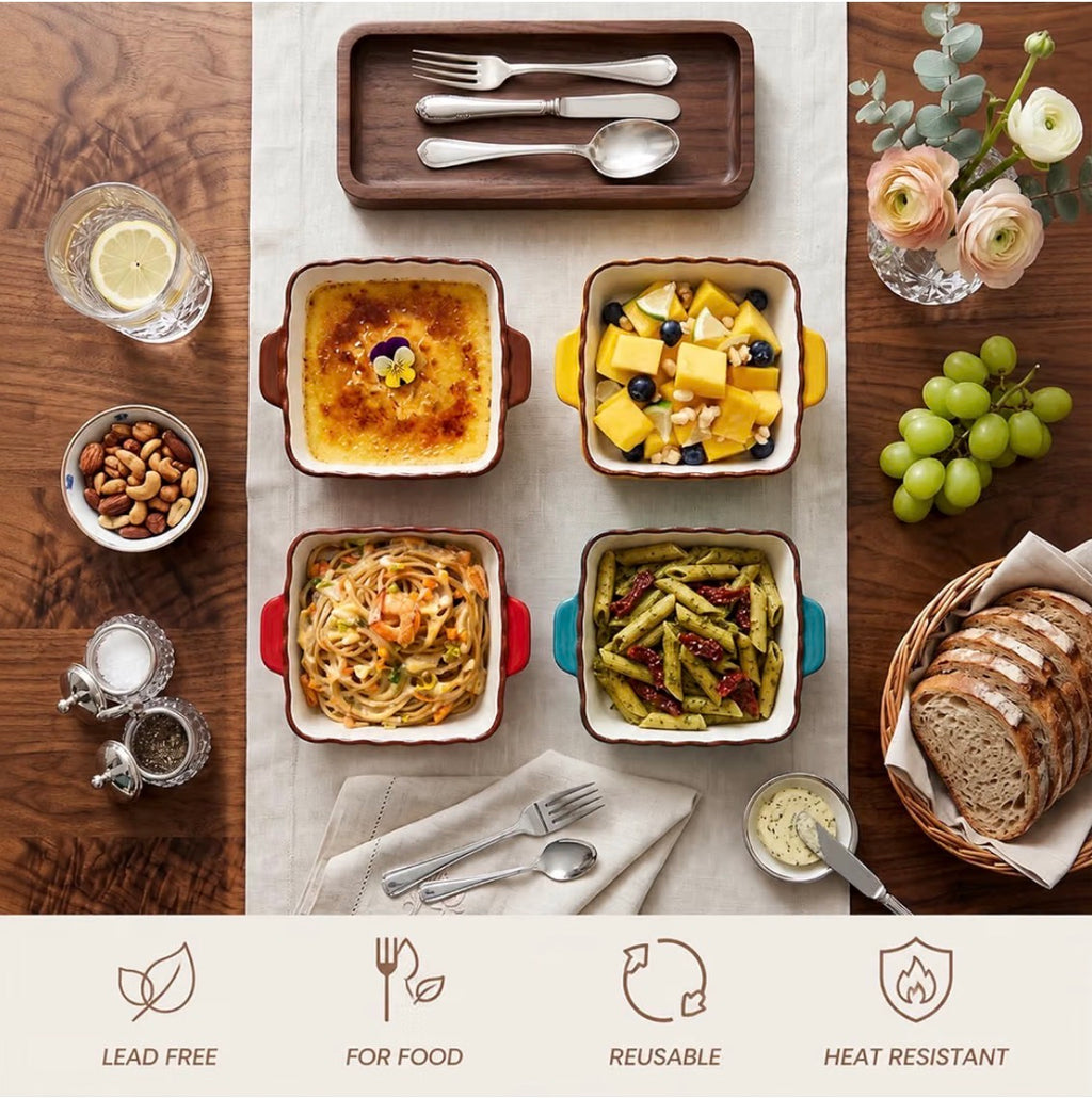 4-Piece Colorful Ceramic Mini Baking Dish Set – Floral Square Ramekins