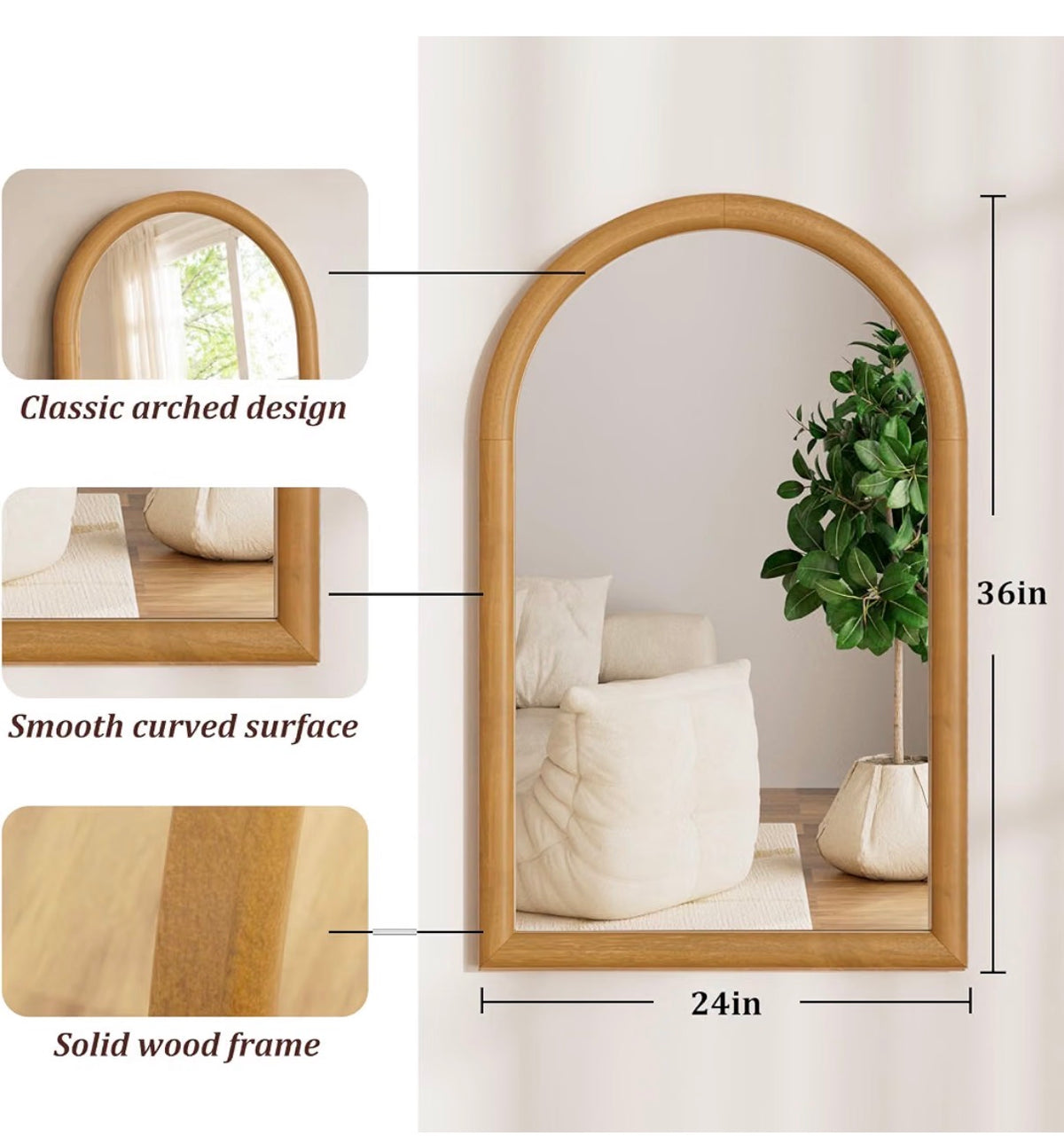 24” × 36” Solid Wood Arched Wall Mirror – Natural Wood