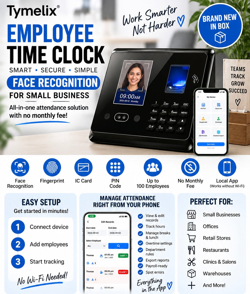 TymeLix Smart Employee Time Clock – Face Recognition, Fingerprint & App