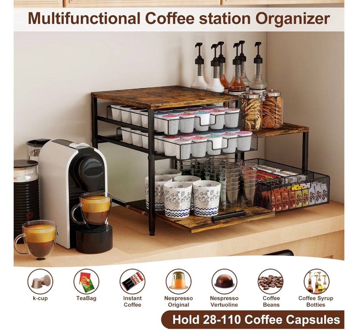 3-Drawer Coffee Station Organizer & K-Cup Storage Rack