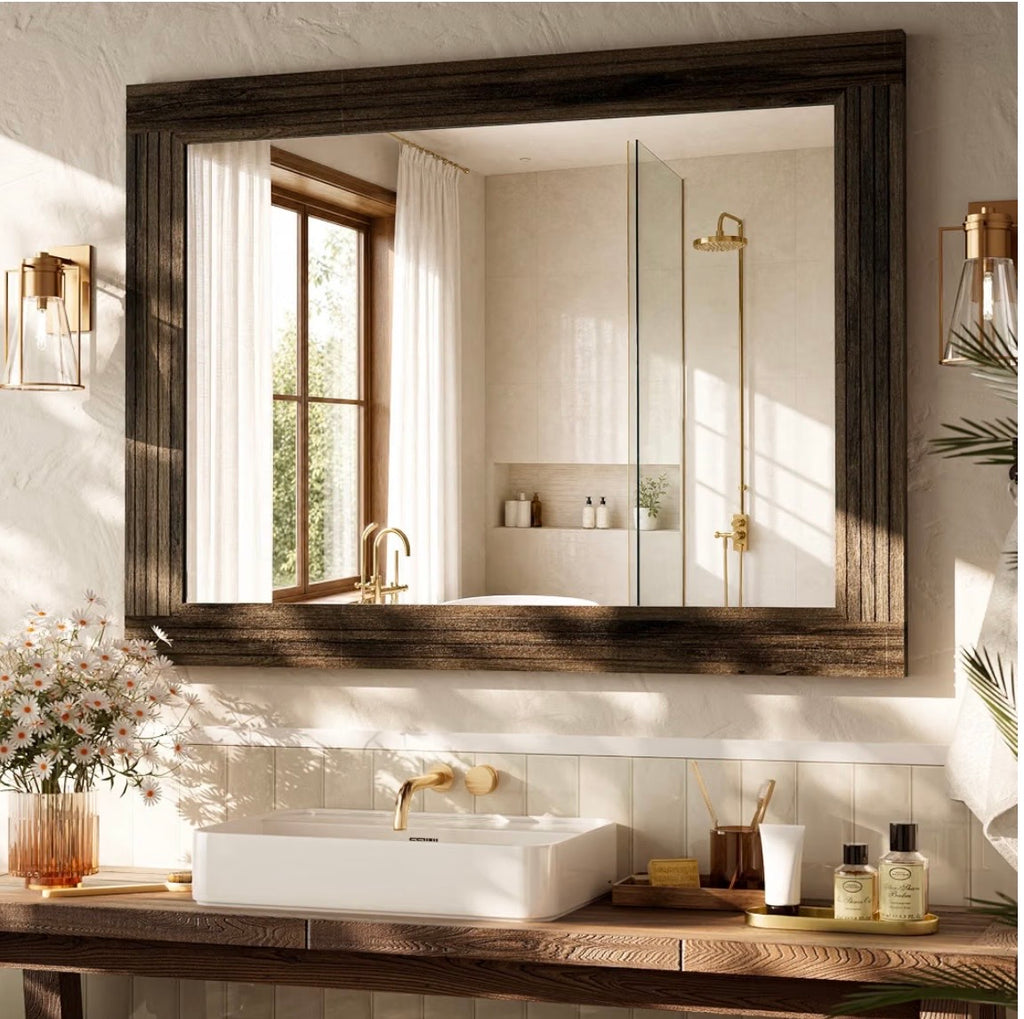 Carved Dark Wood Framed Wall Mirror – 30” × 40”