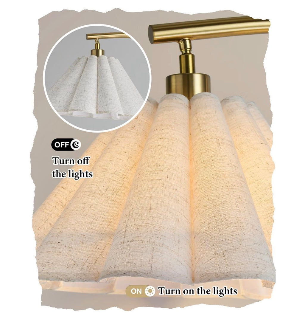 Gold Arc Floor Lamp with Adjustable Pleated Linen Shade + Bulb