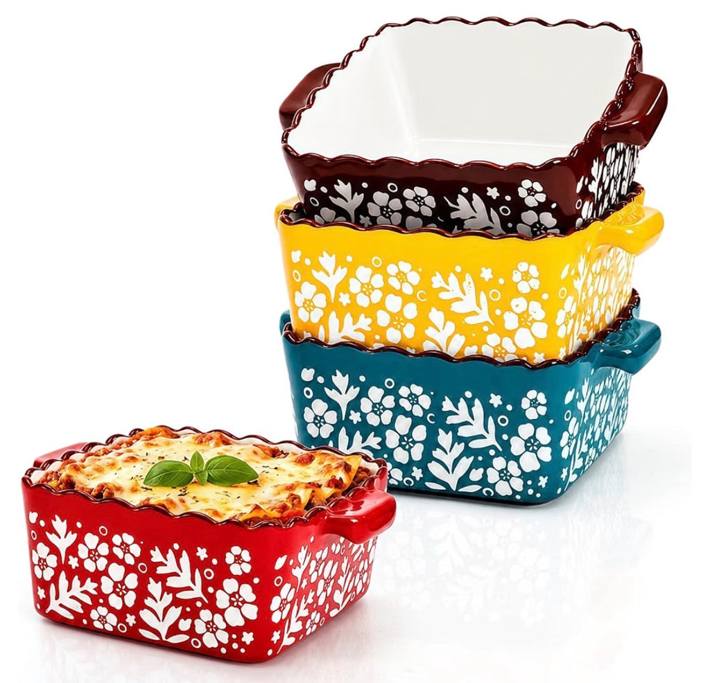4-Piece Colorful Ceramic Mini Baking Dish Set – Floral Square Ramekins