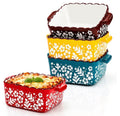 4-Piece Colorful Ceramic Mini Baking Dish Set – Floral Square Ramekins