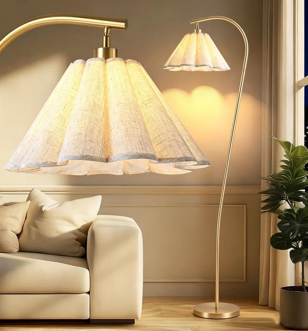 Gold Arc Floor Lamp with Adjustable Pleated Linen Shade + Bulb