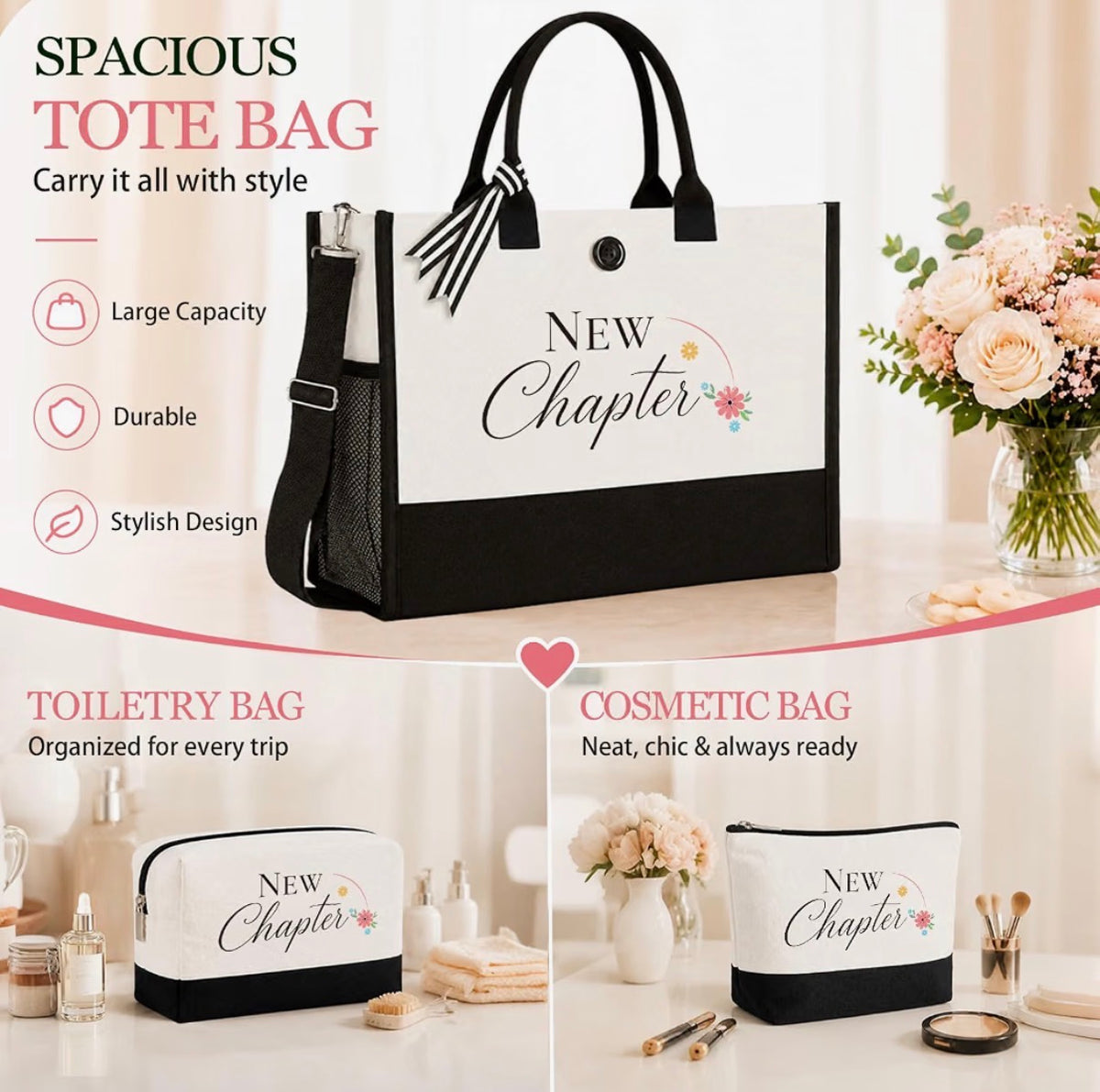 “New Chapter” 3-Piece Tote & Cosmetic Bag Gift Set