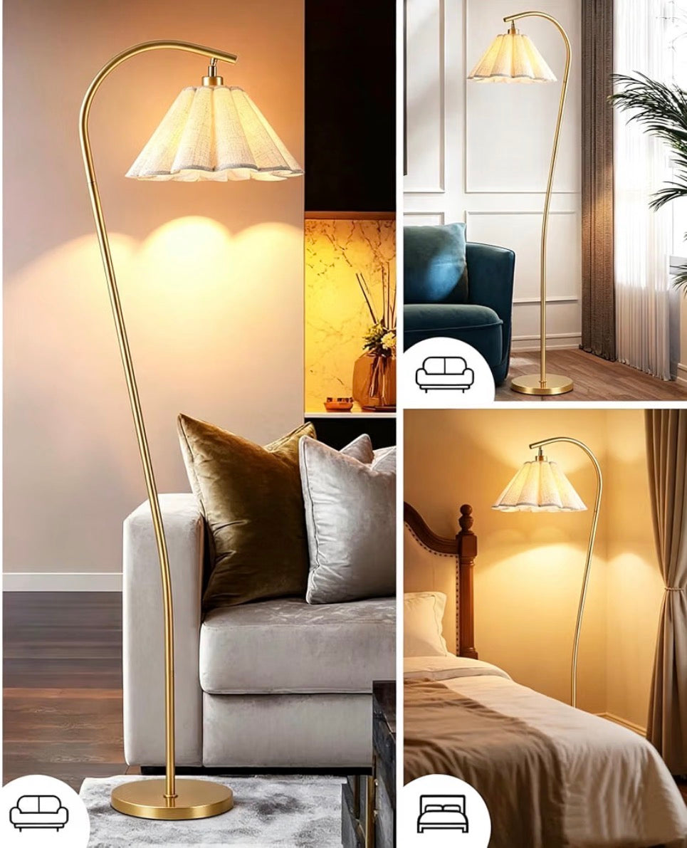 Gold Arc Floor Lamp with Adjustable Pleated Linen Shade + Bulb