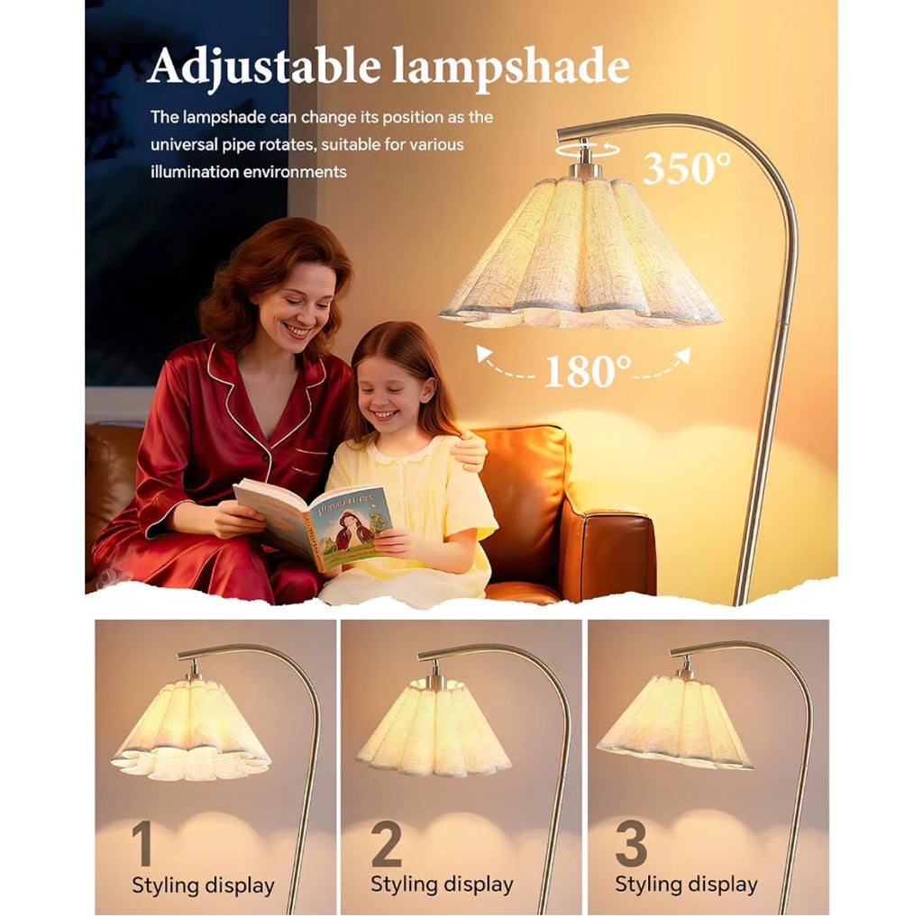 Gold Arc Floor Lamp with Adjustable Pleated Linen Shade + Bulb