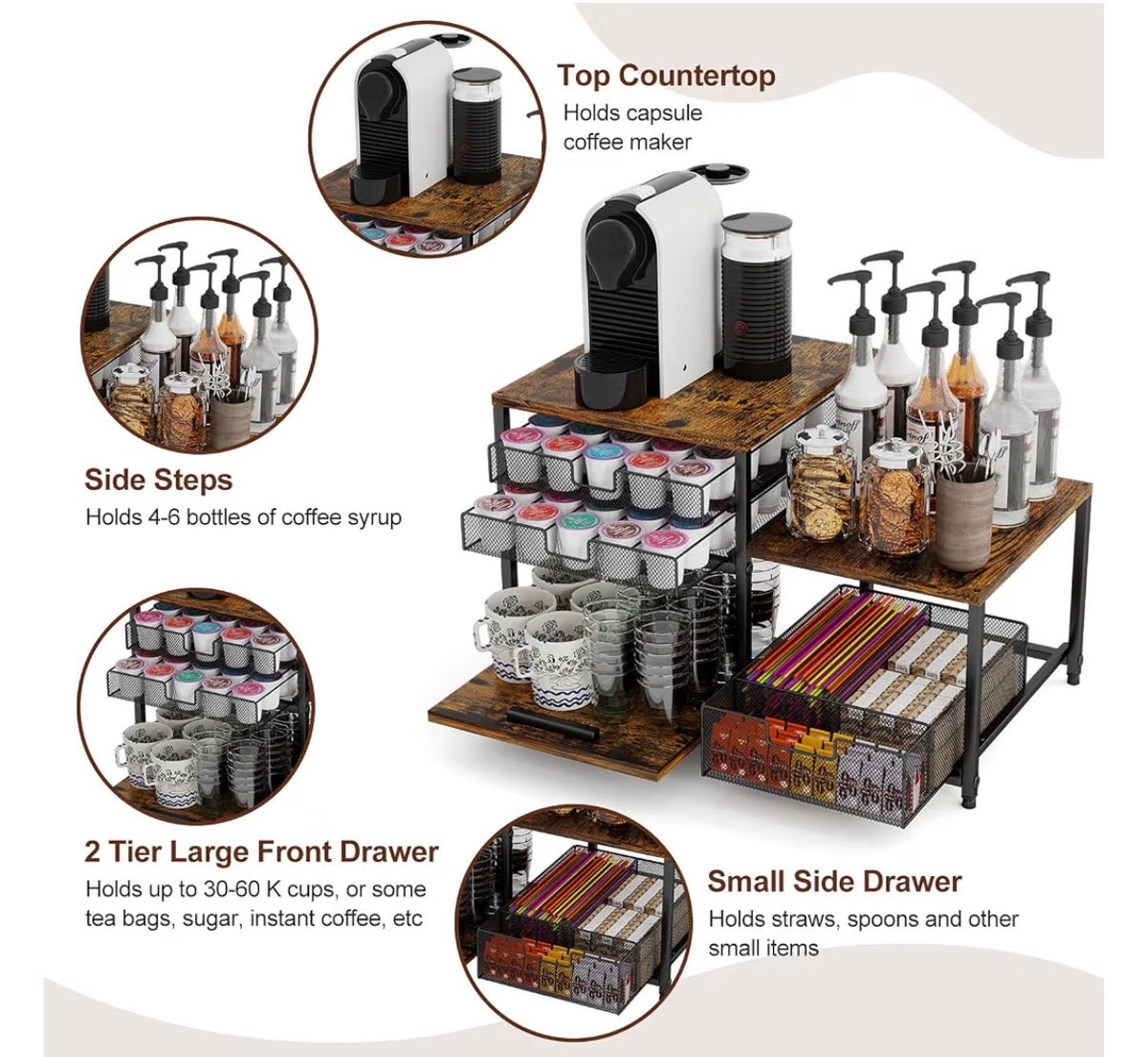 3-Drawer Coffee Station Organizer & K-Cup Storage Rack