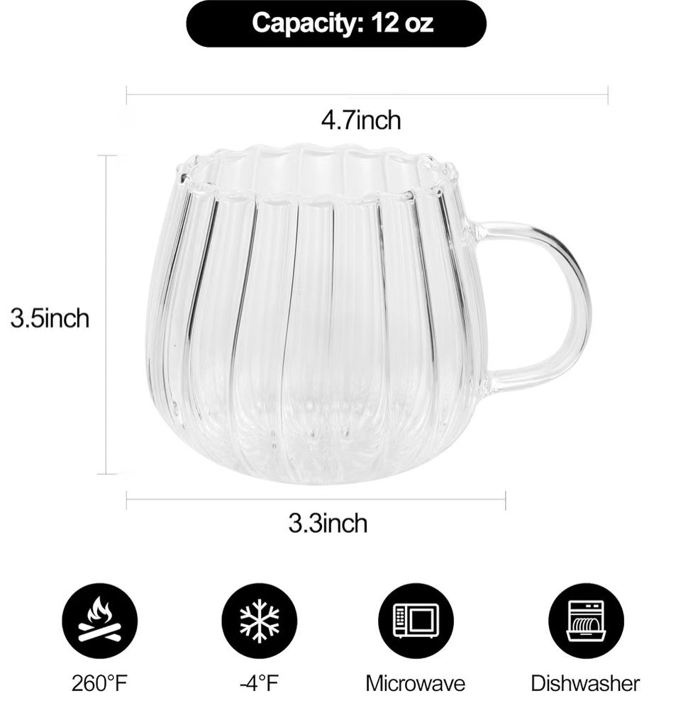 12 oz Pumpkin-Shaped Ribbed Glass Mugs – Set of 4
