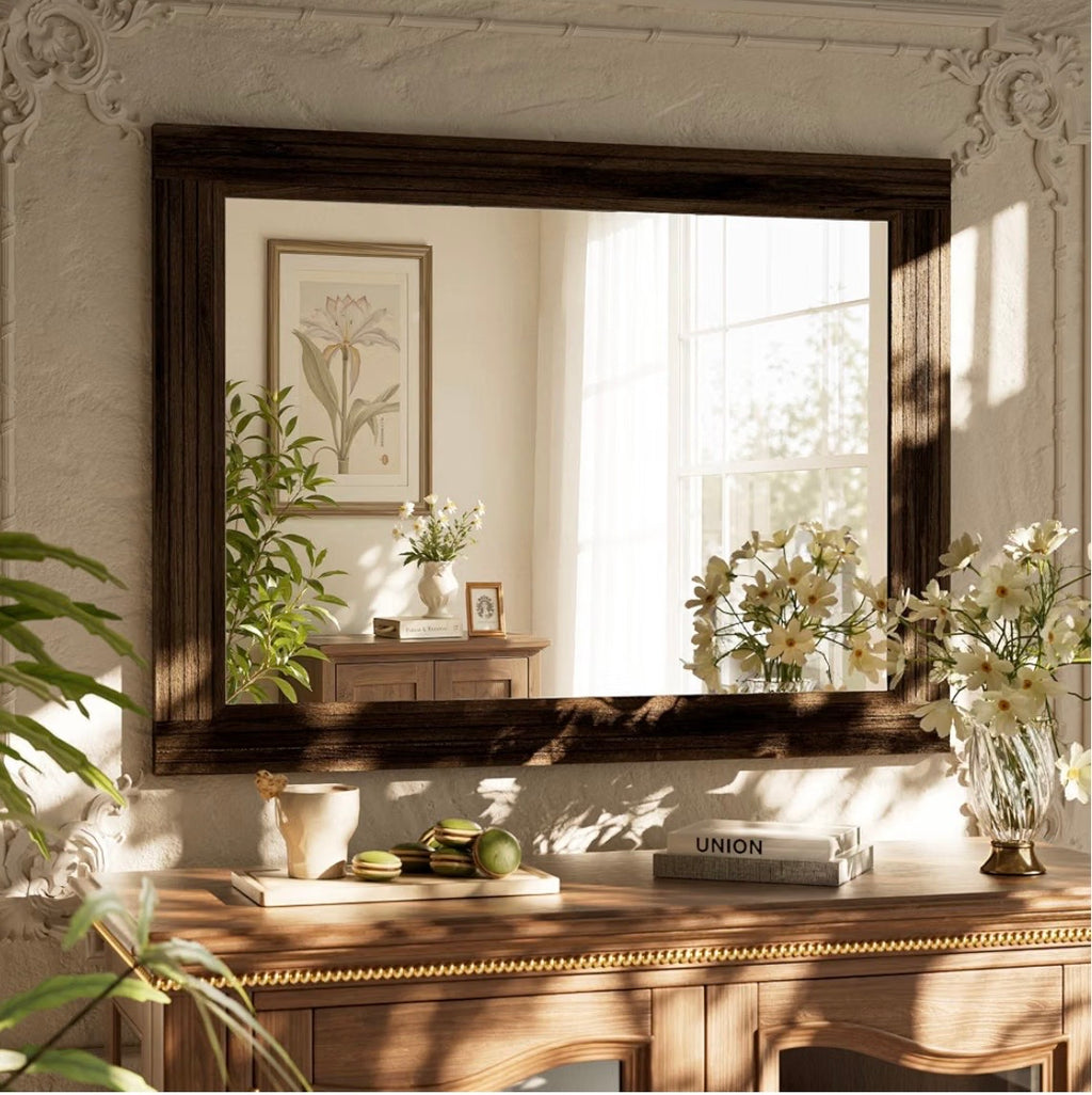Carved Dark Wood Framed Wall Mirror – 30” × 40”